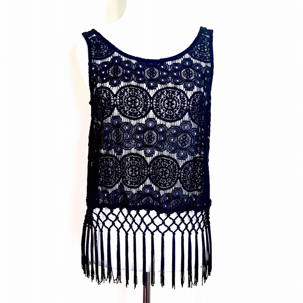 New! Boho Black Lace & Fringe Top